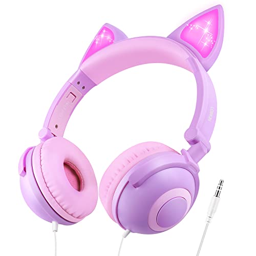 LOBKIN Kinder Kopfhörer mit Kabel,Kopfhörer Katzenohren mit LED,85dB Lautstärkebegrenzung,Faltbar Kopfhörer für Mädchen Jungen von LOBKIN