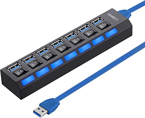 LOBKIN USB Hub 7-Port,Tragbar USB 3.0 Hub mit Einzelnen LED-Netzschaltern fur Laptop, PC, MacBook und weitere USB Geräte von LOBKIN