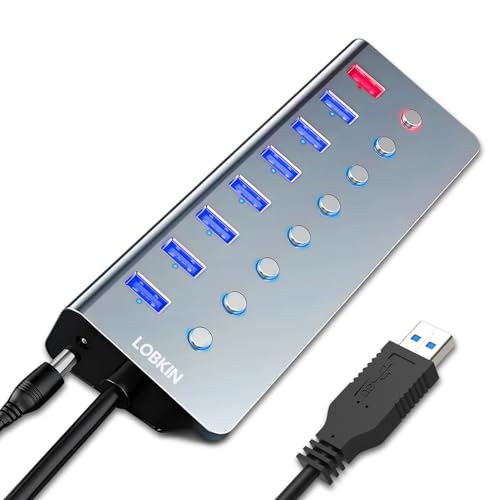 Powered USB 3.0 Hub, LOBKIN 7 Port USB Hub Aktiv 3.0 mit Netzteil & 1 Smart Charging mit Schalter, LED-Anzeiger für PC, Laptop, Tablet, Windows, MAC OS, Linux (DC USB Stromkabel) von LOBKIN