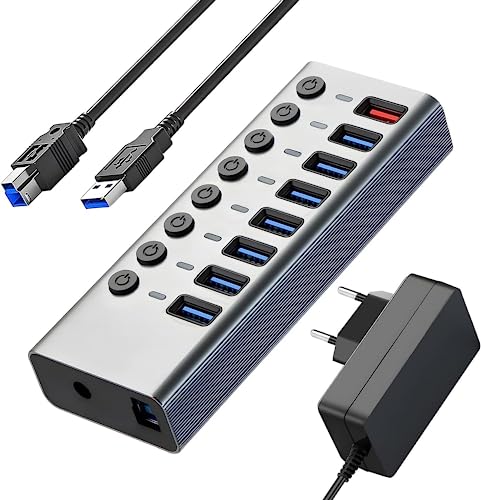 USB Hub Aktiv 3.0 mit 24W Netzteil, LOBKIN Powered USB 3.0 Hub mit 7 Port zur Datenübertragung & 1 Schnellladung Port, Einzel-Schalter, LED-Anzeiger, 12V 3A Adapter für PC Laptop Windows MacOS Linux von LOBKIN