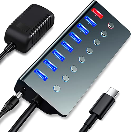 USB Hub Aktiv 3.0 mit Netzteil USB C, LOBKIN 8 Port USB Verteiler für Datenübertragung & 5V 2.4A Ladung, Aluminium Multi USB Port mit 5V/3A Netzteil, 5Gbps, Einzeln Schaltbar & LED Anzeiger (Typ C) von LOBKIN