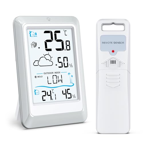 LOFICOPER Digitale Wetterstation, Hygrometer Thermometer für Drinnen Draußen mit Wettervorhersage, Außensensor 328 fuß/100m Reichweite, Temperatur Luftfeuchtigkeit Monitor für Büro, Zimmer von LOFICOPER