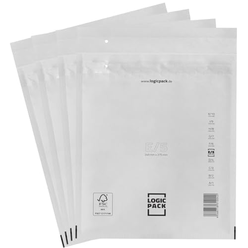 LOGIC PACK 100 Luftpolsterumschläge Versandtaschen Luftpolster E5 240 x 275 mm Weiß, Luftpolstertaschen Haftklebend Gepolsterte Briefumschläge Premium Umschläge Polsterumschläge geeignet für DIN B5 von LOGIC PACK