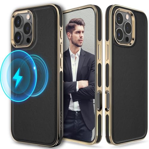 LOHASIC Schutzhülle für iPhone 16 Pro, Leder, luxuriöses veganes Leder, stark, magnetisch, klassische Schutzhülle, kompatibel mit MagSafe 6,3 Zoll (6,3 Zoll), Schwarz / goldfarben von LOHASIC
