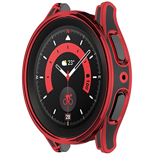 LOKEKE Kompatibel mit Samsung Galaxy Watch 5/4 40 mm PC-Schutzhülle mit Displayschutzfolie aus gehärtetem Glas (schwarz + rot) von LOKEKE