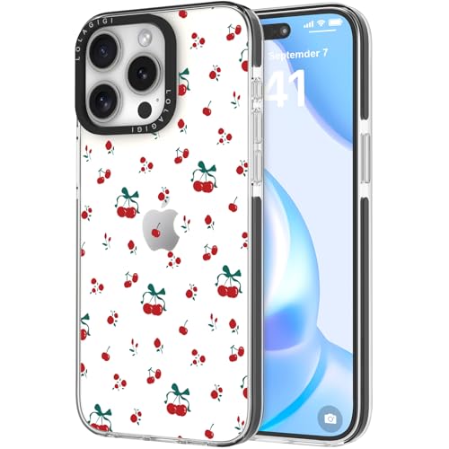 LOLAGIGI Schutzhülle für iPhone 15 Plus, süßes rotes Kirschblume, Kawaii-Design, ästhetisches Cartoon-Muster für Damen, Mädchen, Teenager, transparent, weich, TPU, 17 cm (6,7 Zoll) von LOLAGIGI