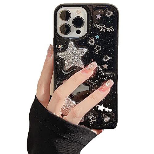 LOLAGIGI Schutzhülle für iPhone 15 Pro Max, glitzernde Sterne, 3D-Herzen, Glitzer, Y2K, luxuriös, ästhetisch, personalisiertes Design für Damen, Mädchen, Teenager, 17 cm (6,7 Zoll), Schwarz von LOLAGIGI