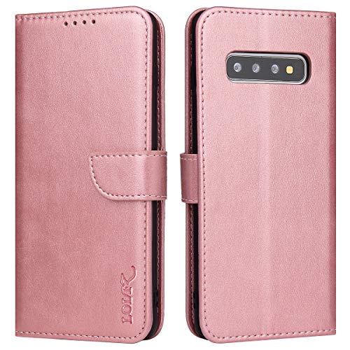 LOLFZ Hülle für Samsung Galaxy S10 Plus, Premium PU Leder Handyhülle mit Kartenfach Ständer Magnetische Schutzhülle für Samsung Galaxy S10 Plus - Rosegold von LOLFZ