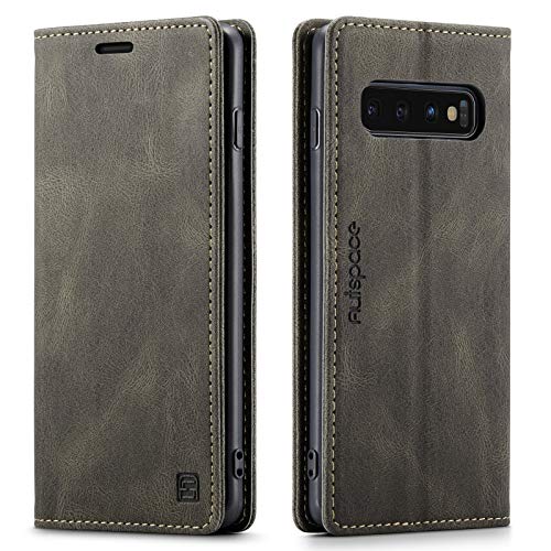 LOLFZ Handyhülle für Samsung Galaxy S10 Plus, Vintage Dünne Schutzhülle RFID Schutz Kartenfach Standfunktion PU Leder Magnetische Klapphülle Kompatibel mit Galaxy S10 Plus - Kaffee Braun von LOLFZ
