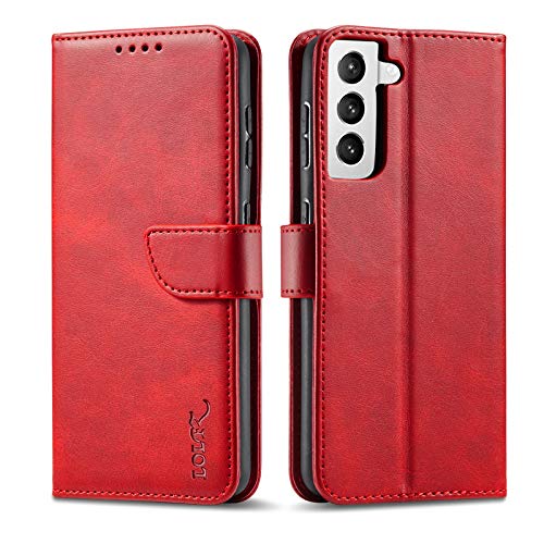 LOLFZ Hülle für Samsung Galaxy S21 5G, Premium Dünne Handyhülle mit Kartenfach Ständer Magnetische Flip Leder Schutzhülle Kompatibel mit Samsung S21 5G - Rot von LOLFZ