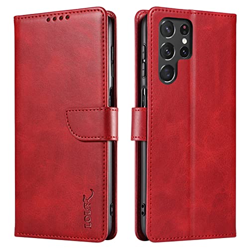 LOLFZ Hülle für Samsung Galaxy S22 Ultra 5G, Premium Dünne Handyhülle mit Kartenfach Ständer Magnetische Flip Leder Schutzhülle Kompatibel mit Samsung S22 Ultra 5G - Rot von LOLFZ