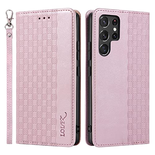 LOLFZ Hülle für Samsung Galaxy S23 Ultra, Leder Handyhülle Kartenfach Ständer Handschlaufe Magnetische Klappbare Stoßfeste Schutzhülle für Samsung Galaxy S23 Ultra 5G - Rosegold von LOLFZ