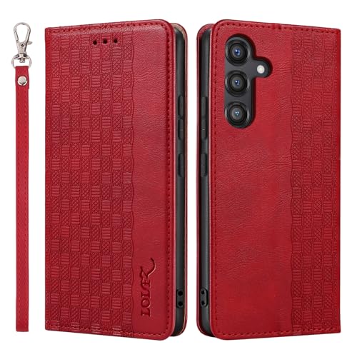 LOLFZ Hülle für Samsung Galaxy S24 Plus, Leder Handyhülle Kartenfach Ständer Handschlaufe Magnetische Klappbare Stoßfeste Schutzhülle für Samsung Galaxy S24 Plus 5G - Rot von LOLFZ