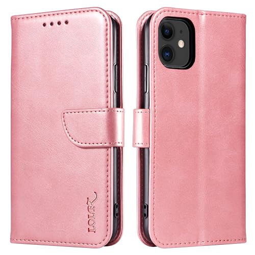 LOLFZ Hülle für iPhone 11, Premium PU Leder Handyhülle mit Kartenfach Ständer Magnetische Klapphülle für iPhone 11 - Rosegold von LOLFZ