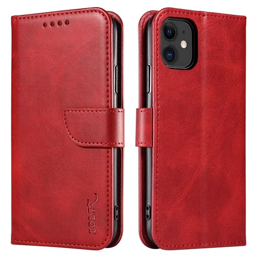 LOLFZ Hülle für iPhone 11, Premium PU Leder Handyhülle mit Kartenfach Ständer Magnetische Klapphülle für iPhone 11 - Rot von LOLFZ