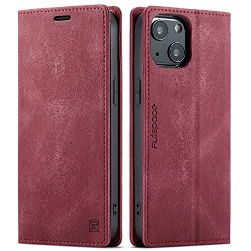 LOLFZ Handyhülle für iPhone 13, Vintage Dünne Schutzhülle RFID Schutz Kartenfach Standfunktion PU Leder Magnetische Klapphülle Kompatibel mit iPhone 13 - Rot von LOLFZ