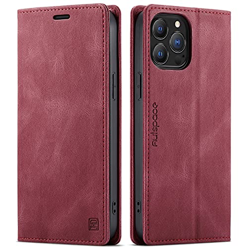LOLFZ Handyhülle für iPhone 13 Pro, Vintage Dünne Schutzhülle RFID Schutz Kartenfach Standfunktion PU Leder Magnetische Klapphülle Kompatibel mit iPhone 13 Pro - Rot von LOLFZ