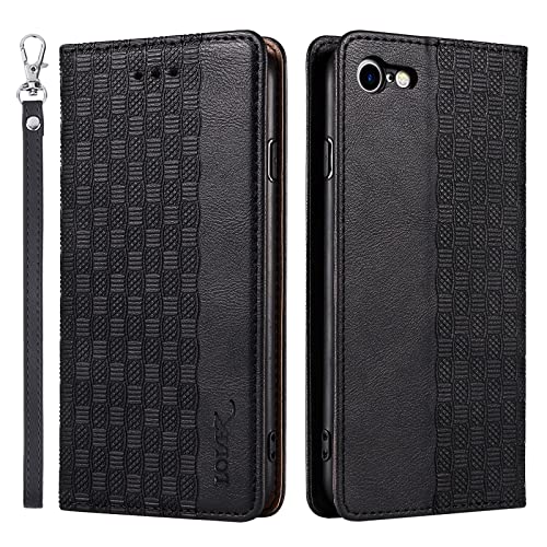 LOLFZ Hülle für iPhone 6 Plus iPhone 6S Plus, Leder Handyhülle Kartenfach Ständer Handschlaufe Magnetische Klappbare Stoßfeste Schutzhülle für iPhone 6 Plus/6S Plus - Schwarz von LOLFZ