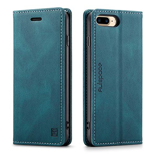 LOLFZ Handyhülle für iPhone 8 Plus iPhone 7 Plus iPhone 6S Plus iPhone 6 Plus, Dünne Schutzhülle RFID Schutz Kartenfach Standfunktion Vintage PU Leder Magnetische Klapphülle - Blau von LOLFZ