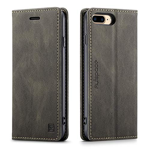 LOLFZ Handyhülle für iPhone 8 Plus iPhone 7 Plus iPhone 6S Plus iPhone 6 Plus, Dünne Schutzhülle RFID Schutz Kartenfach Standfunktion Vintage PU Leder Magnetische Klapphülle - Kaffee Braun von LOLFZ