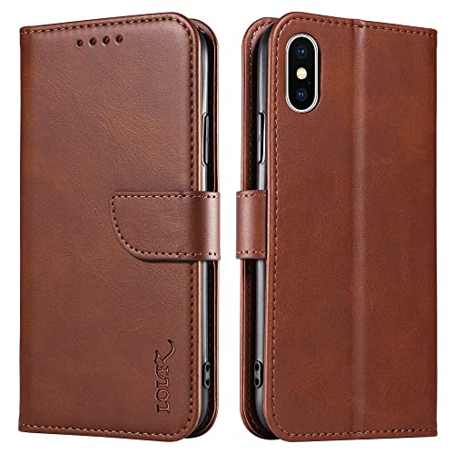LOLFZ Hülle für iPhone X iPhone XS, Premium PU Leder Handyhülle mit Kartenfach Ständer Magnetische Klapphülle für iPhone X iPhone XS - Braun von LOLFZ