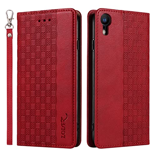 LOLFZ Hülle für iPhone XR, Leder Handyhülle Kartenfach Ständer Handschlaufe Magnetische Klappbare Stoßfeste Schutzhülle für iPhone XR - Rot von LOLFZ