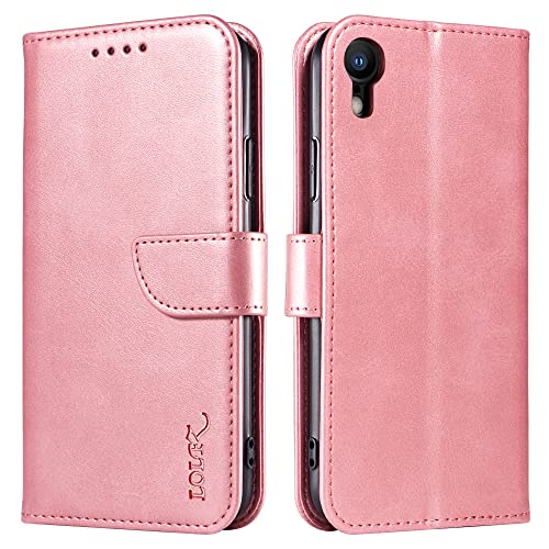 LOLFZ Hülle für iPhone XR, Premium PU Leder Handyhülle mit Kartenfach Ständer Magnetische Klapphülle für iPhone XR - Rosegold von LOLFZ