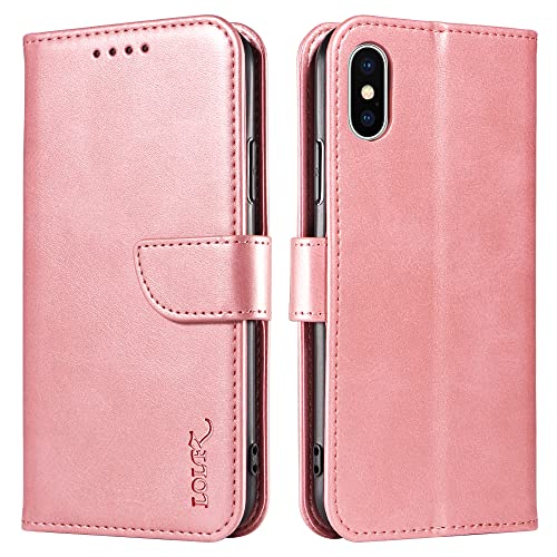 LOLFZ Hülle für iPhone XS Max, Premium PU Leder Handyhülle mit Kartenfach Ständer Magnetische Klapphülle für iPhone XS Max - Rosegold von LOLFZ