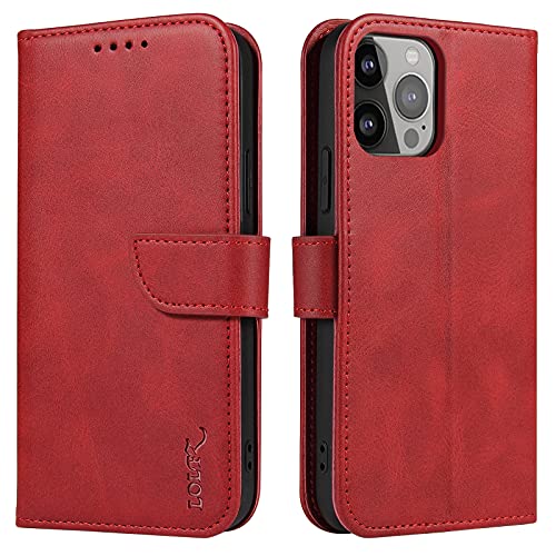 LOLFZ für iPhone 13 Pro Hülle, Premium PU Leder Handyhülle mit Kartenfach Ständer Stoßfeste Schutzhülle Kompatibel mit iPhone 13 Pro (6,1 Zoll) - Rot von LOLFZ