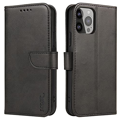LOLFZ für iPhone 13 Pro Max Hülle, Premium PU Leder Handyhülle mit Kartenfach Ständer Stoßfeste Schutzhülle Kompatibel mit iPhone 13 Pro Max (6,7 Zoll) - Schwarz von LOLFZ