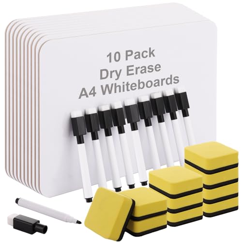 LOLYSIC 10 x A4-Whiteboards, Mini-Whiteboard, tragbar, doppelseitig, kleines Whiteboard mit 10 trockenen Radiergummis und 10 Stiften für Kinder, Studenten, Erwachsene, Zeichnen, Schreiben, Zuhause LOLYSIC 10 x A4-Whiteboards, Mini-Whiteboard, tragbar, doppelseitig, kleines Whiteboard mit 10 trockenen Radiergummis und 10 Stiften für Kinder, Studenten, Erwachsene, Zeichnen, Schreiben, Zuhause von LOLYSIC