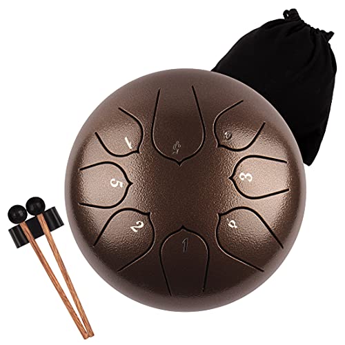 LOMUTY Stahlzungentrommel, 6 Zoll 15 cm Steel Tongue Drum, C-Dur 8 Noten, Handtrommel HandPan Drum mit Drumsticks/Tragetasche(Braun) von LOMUTY