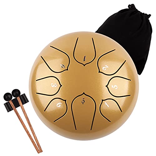 LOMUTY Stahlzungentrommel, 6 Zoll 15 cm Steel Tongue Drum, C-Dur 8 Noten, Handtrommel HandPan Drum mit Drumsticks/Tragetasche(Gold) von LOMUTY