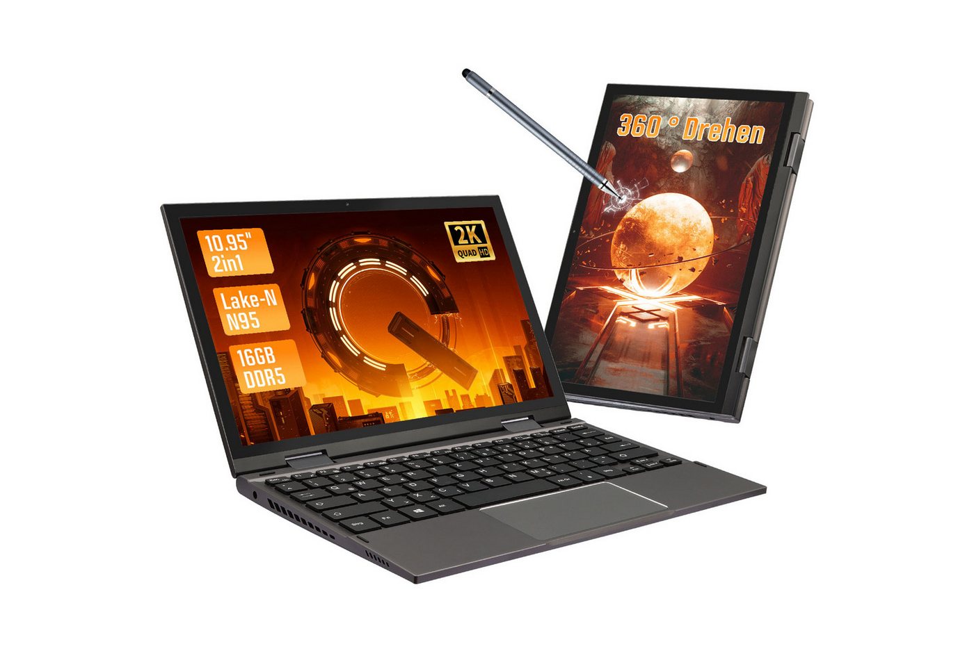 LONGEVINCE 10.95" Mini Laptop, 2000 * 1200 Touch Display, Celeron N95 Notebook (Intel, 256 GB SSD, 16GB RAM, 256GB SSD, Win 11) von LONGEVINCE