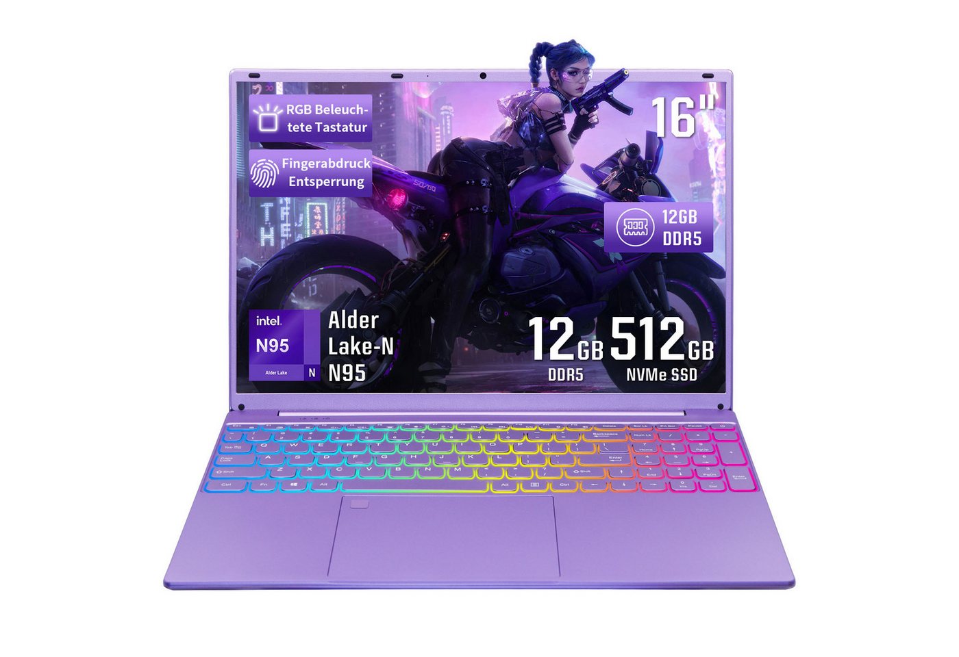 LONGEVINCE 16" Laptop, 12GB 512G RAM, FHD Display, N95 CPU, 180° Scharnierdesign Notebook (Intel, 512 GB SSD, Tastatur mit Hintergrundbeleuchtung, Fingerabdruckerkennung, Lila) von LONGEVINCE