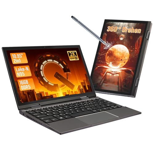 LONGEVINCE Mini Laptop, 10,95 Zoll Ultrabook Laptop, 2000 * 1200 Touch Display, Celeron N95 (bis zu 3,4 GHz),16 GB DDR5 RAM,Convertible,QWERTZ-Tastatur,Windows 11,2X Type-C,BT 5.0 (Grau, 16G+512G) von LONGEVINCE
