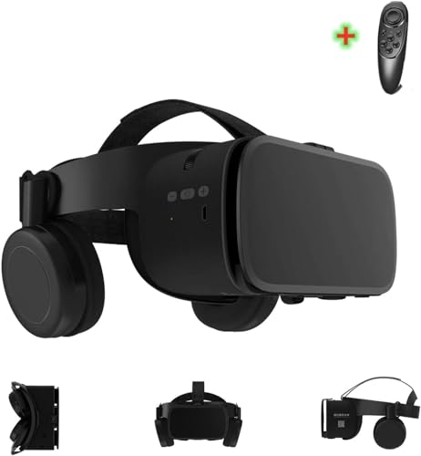 LONGLU VR-Brille für iPhone und Android-Handys, 3D-Brille für Virtuelle Realität, mit kabellosen Kopfhörern, für Imax-Filme und Spiele mit einer Fernbedienung (schwarz) von LONGLU