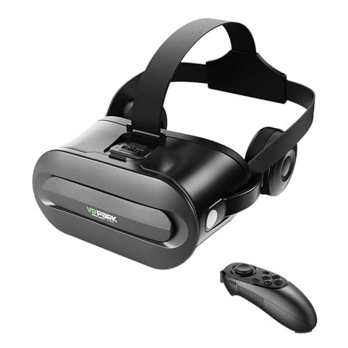 VR-Brille mit 3D-Surround-Kopfhörern, Kompatibel mit 5,5-6,7 Zoll iOS/Android Smartphones, Blaulichtschutz-Linsen, Bluetooth VR Headset, Mikrofonunterstützung, 360° Augenschutz (Schwarz) von LONGLU