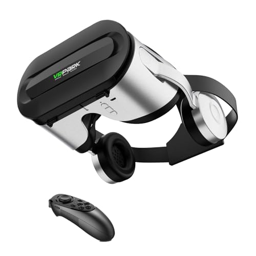 VR-Brille mit 3D-Surround-Kopfhörern, Kompatibel mit 5,5-6,7 Zoll iOS/Android Smartphones, Blaulichtschutz-Linsen, Bluetooth VR Headset, Mikrofonunterstützung, 360° Augenschutz (Weiß und Schwarz) von LONGLU