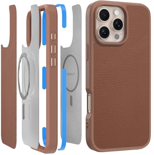 LONLI 2.0 - für iPhone 16 Pro Hülle - Der robusteste Ledermagnetische Schutz für das Telefon - [360° stoßdämpfender Stoßfänger und innerer TPE-Rahmen] - [Kompatibel mit Magsafe] - Braun Leder von LONLI