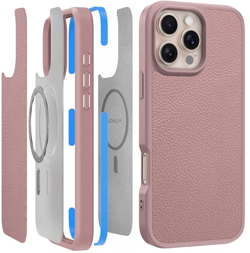 LONLI 2.0 - für iPhone 16 Pro Max Hülle - Der robusteste Ledermagnetische Schutz für das Telefon - [Kompatibel mit Magsafe] - Hellrosa Leder von LONLI