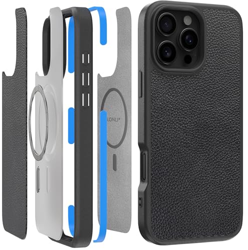 LONLI 2.0 - für iPhone 16 Pro Max Hülle - Der robusteste Ledermagnetische Schutz für das Telefon - [Kompatibel mit Magsafe] - Schwarzes Leder von LONLI