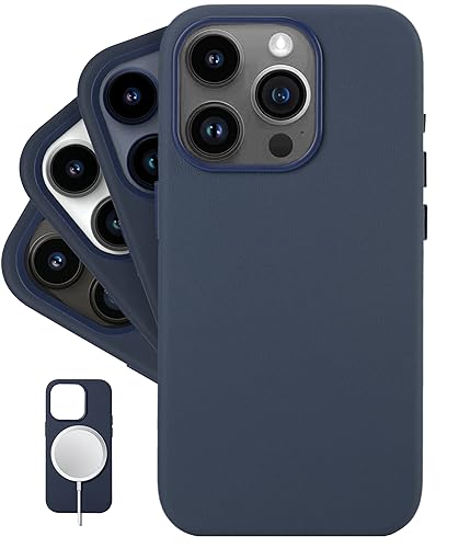 LONLI Classic - (für iPhone 15 Pro) - Europäische Nappa Leder Hülle Case - Wird im Laufe der Zeit glatter und weicher - Kompatibel mit Magsafe - Mitternachtsblau von LONLI