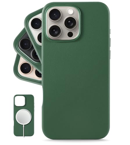 LONLI Classic - für iPhone 16 Pro Max hülle Leder - Europäische Echte Vele Lederhandyhülle - Wird mit der Zeit glatter und weicher - [Kompatibel mit Magsafe] - Dunkelgrün von LONLI