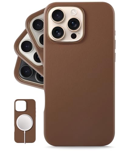 LONLI Classic - für iPhone 16 Pro Max hülle Leder - Europäische Echte Vele Lederhandyhülle - Wird mit der Zeit glatter und weicher - [Kompatibel mit Magsafe] - Dunkelbraunes Sattel von LONLI