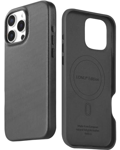 LONLI Edition - für iPhone 16 Pro Max hülle Leder - Premium-Ledertasche aus europäischem Vollkornleder - Entwickelt mit der Zeit Patina - [Kompatibel mit Magsafe] - Tintenfarbe Schwarz von LONLI