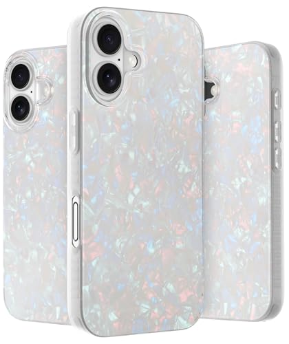 LONLI Hue - für iPhone 16 Hülle - Handyhülle in Weißer Perlen-Schildpatt-Optik - Niedliche, einzigartige und ästhetische Handyabdeckung - [4 luftgepolsterte Ecken] von LONLI