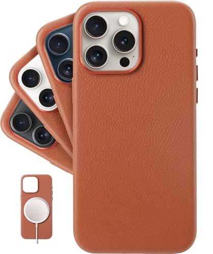 LONLI - for iPhone 15 Pro - European Genuine Pebble Leather Phone Case with Aluminium Camera Frame [Compatible with Magsafe] - Firestone von LONLI