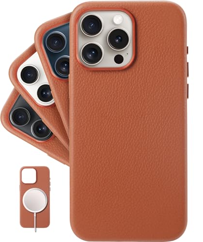 LONLI - for iPhone 15 Pro Max - European Genuine Pebble Leather Phone Case with Aluminium Camera Frame [Compatible with Magsafe] - Firestone von LONLI