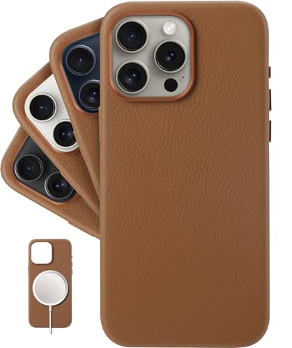 LONLI - iPhone 15 Pro Max Hülle - Luxuriöse echte genarbte Lederhülle mit Aluminium-Kamera-Rahmen [Kompatibel mit Magsafe] - Saddle von LONLI